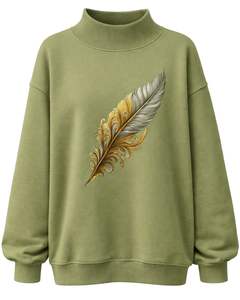 Sweat-shirt en molleton surdimensionné pour femme, vert olive, col haut, broderie de plumes, pull décontracté d'hiver, coton et polyester - Product Image 1