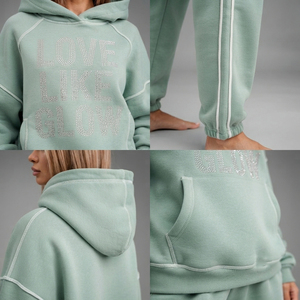 Oversized Fleece Tracksuit Women's Rhinestone Print <b>Hoodie</b> French Terry Jogger Two Piece Set Ladies Raw Seam Hooded Sweat Suit - Product Image 6