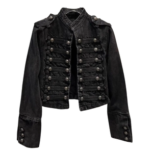 <b>Gothic</b> Style Black Denim <b>Jacket</b> Double Breasted Stand Collar Slim Fit Short Length With Button Decoration Washed Finish - Product Image 1