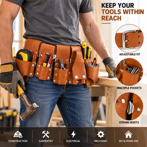 Ceinture à outils en cuir de qualité supérieure, robuste, avec plusieurs poches, taille réglable, pour charpentier professionnel, électricien, organiseur d'outils - Product Image 4