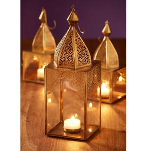 Juego de 3 Faroles Orientales Dorados de Vidrio y Metal, Farol Marroquí Tipo Minarete, Portavelas de Vidrio, Portavelas para Velas de Té, Decoración para el Hogar, Modena - Product Image 1