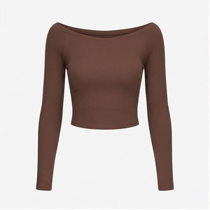 Haut court à manches longues et épaules dénudées, marron uni, sans couture, pour le yoga, vêtements de sport pour femmes - Product Image 1