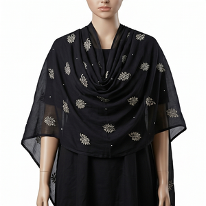 Women's <b>Black</b> Chiffon Shawl Floral Embroidered Rhinestone Lightweight Breathable Ethnic Scarf Daily Wear Hijab <b>Wrap</b> Summer - Product Image 4