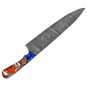 Couteau de chef à manche multicolore bleu, rouge, orange, motif Damas, lame longue gris argenté, outil de découpe et de hachage de viande pour la cuisine - Product Image 3