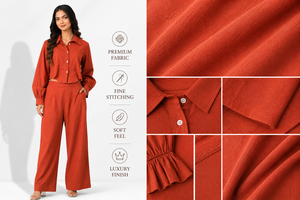 Custom OEM Apparel Women Clothing Premium Cotton Fabric Two Piece <b>Set</b> Long Sleeve Shirt High Waist Pants Co-ord <b>Set</b> - Product Image 6