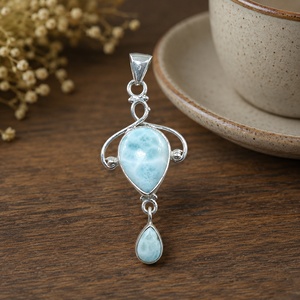 Pendentif goutte d'eau en argent sterling et larimar naturel, plaqué or rose, collier de luxe pour enfants unisexe - Product Image 1