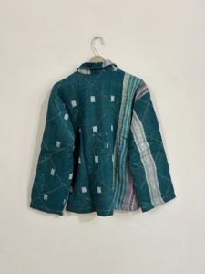 Blazer de algodón con estampado geométrico color verde azulado, cuello con botones, manga larga, chaqueta de primavera para mujer, diseño tejido y transpirable. - Product Image 2