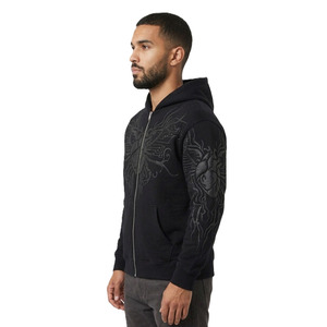 Sudaderas con capucha negras de cremallera completa, de algodón grueso y forro polar, con gráfico gótico en relieve, estilo urbano, logotipo personalizado, talla grande, al por mayor para hombre - Product Image 2