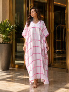 Women <b>Summer</b> Pink Grid Print Cotton <b>Kaftan</b> V Neck Loose Beach Cover Bohemian Maxi Length Kimono Dress Breathable Drawstring - Product Image 3