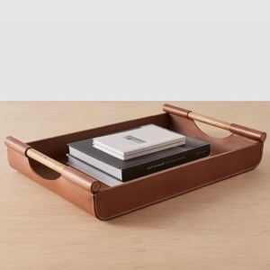 Wholesale Luxury Rectangular Leather Dining Tray Bulk Wooden Handles Hotel Restaurant Serving Platter Elegant Tableware - Product Image 1