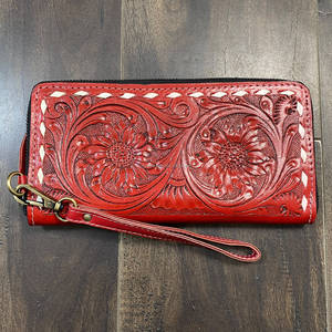 High Quality Tooled Genuine Leather Handmade Floral Pattern <b>Women</b> Clutch Western Style <b>Credit</b> <b>Card</b> <b>Holder</b> Zip Closure Wallet - Product Image 3