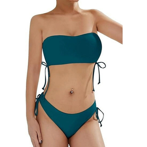 Ensemble de bikini bandeau de couleur unie pour femmes, avec logo sur le devant, maillot de bain deux pièces à taille haute à séchage rapide pour la plage - Product Image 2
