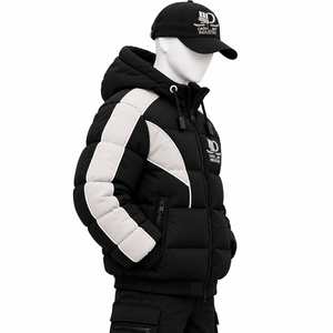 Chaqueta Acolchada con Capucha para Hombre, Diseño en Bloques de Color Blanco y Negro, Cierre de Cremallera Grueso, Ropa de Calle para Invierno - Product Image 1