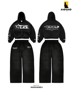 Custom Grunge Vision Streetwear Tracksuit | Cropped <b>Zip</b> Hoodie & Wide Leg Sweatpants | OEM Vintage Electric Blue Fleece Set - Product Image 5