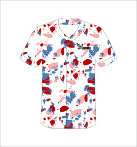 Maillot de baseball personnalisé entièrement imprimé unisexe à manches courtes en polyester respirant motif peint à la main rouge bleu rose toutes saisons - Product Image 2