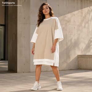 Oversized <b>Maxi</b> <b>T</b> <b>Shirt</b> <b>Dress</b> Women Beige Color Block Casual Loose Fit Natural Waist Cotton Blend OEM ODM Private Label All - Product Image 1