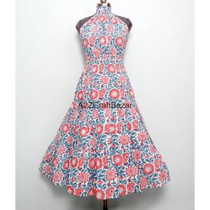 Robe longue formelle indienne 100 % coton, imprimé floral, épaules dénudées, écologique, faite à la main, coupe trapèze, pour soirée, vente en gros fabricant - Product Image 1