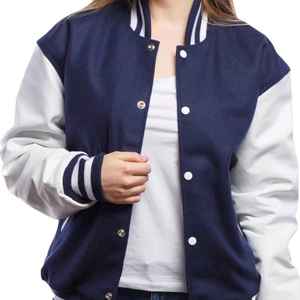 Chaqueta Universitaria Unisex Azul Marino con Mangas Blancas, Estilo Preppy, Cierre de Botones, Corte Regular, para Otoño - Product Image 2