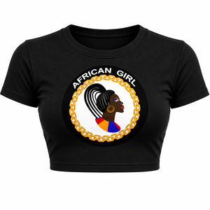 T-shirt graphique pour femme, col rond, manches courtes, 100% coton jersey, logo avant, style streetwear décontracté, motif fille africaine noire. - Product Image 2