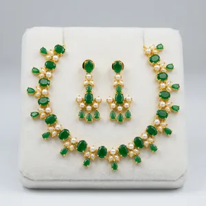 <b>Gold</b> Plated Jade and Imitation Pearl Necklace and Earring <b>Set</b> Women's Classic Oval Cut Wedding <b>Jewelry</b> <b>Sets</b> - Product Image 1