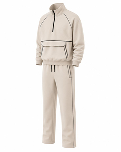 Unisex Beige Tracksuit Set Half-<b>Zip</b> Sweatshirt With Side Pockets And Drawstring Pants Casual Autumn Wear Full Length Regular Fit - Product Image 3