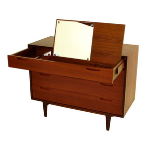 Mid-Century Danish Modern Teak Flip-Top Vanity <b>Dresser</b> with Concealed <b>Mirror</b> & Storage Drawers - Product Image 1