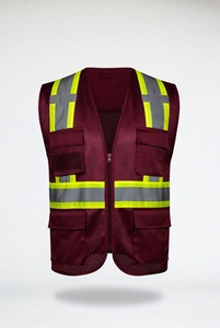 Maroon Reflective Safety Vest with Mesh Panels and Multiple Pockets for Construction and Traffic Work - Product Image 1