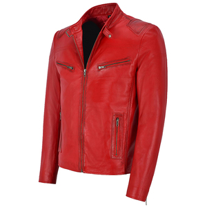 Blouson moto homme en cuir véritable rouge, col montant, fermeture éclair, coupe ajustée, longueur standard, couleur unie, style motard, en vente - Product Image 2