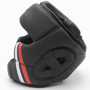 Protège-tête de boxe en cuir PU noir avec rayures rouges et blanches, équipement de sport protecteur pour adultes unisexe, fermeture auto-agrippante - Product Image 2