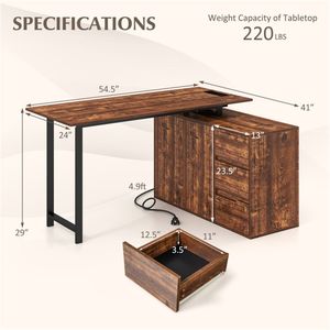 <b>Rustic</b> Brown Reversible L Shaped Home Office <b>Desk</b> with Charging Station Drawers and File Cabinet - Product Image 4