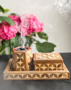 Wholesale Floral Inlay Wood Incense Burner Set Bulk Luxury Mango Wood Bakhoor Censer with <b>Matching</b> Storage <b>Box</b> and Serving Tray - Product Image 3
