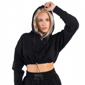 Vente en gros de vêtements pour femmes 100% coton personnalisés de haute qualité, couleur noire, sweat-shirt à capuche court pour femmes - Product Image 4