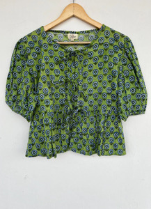 Blusa de Algodón Puro con Estampado Floral Verde para Mujer, Mangas Cortas, Cierre con Lazo al Frente, Estilo Bohemio, Top Informal de Primavera/Verano para Vacaciones - Product Image 1