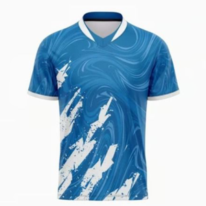 เสื้อฟุตบอลชายแบบสั่งทำพิเศษ พิมพ์ลายซับลิเมชั่น แขนสั้น คอวี ลายคลื่นสีน้ำเงิน ระบายเหงื่อได้ดี - Product Image 1