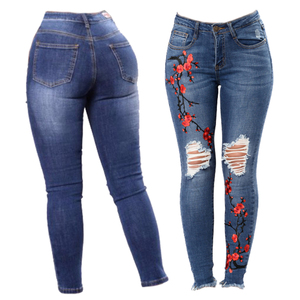 Jeans de mezclilla elásticos ajustados de cintura alta rasgados vintage para mujer, estilo casual y urbano, azules, hasta el tobillo, a la moda - Product Image 1