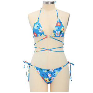 Women's Solid Halter Bandeau Bikini 2-Piece Set with Lace up Front Embroidery <b>Seamless</b> Knitted Blue Stretch Swimwear - Product Image 5