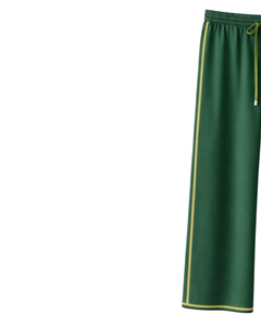 Pantalon de survêtement large vert forêt personnalisé pour femme avec bande latérale jaune, taille élastique et cordon de serrage, pantalon décontracté pour la détente, approvisionnement en gros OEM - Product Image 3