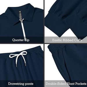 Men's <b>Navy</b> Blue Tracksuit Long Sleeve Half-Zip <b>Top</b> With Drawstring Pants Breathable Casual Sportswear Regular Polyester Material - Product Image 5