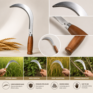 Faucille Courbe Premium en Acier Inoxydable avec Manche en Bois pour l'Agriculture, la Coupe de l'Herbe, le Désherbage, la Récolte des Cultures et les Travaux de Jardinage - Product Image 4