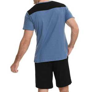 Men's Blue Color Blocking Henley T-Shirt With <b>Black</b> Shorts Casual Summer <b>Pajama</b> <b>Set</b> - Product Image 3