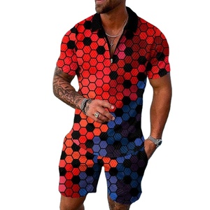 ชุดสเวตเตอร์ลำลองสำหรับผู้ชายฤดูร้อน2ชิ้นเสื้อโปโลมีซิปกางเกงขาสั้นสีพื้นพิมพ์ลายไล่ระดับสีทันสมัยเสื้อสวมหัวกันลม - Product Image 2