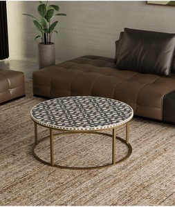 Handmade Eco-Friendly Modern Waterfall-Striped Blue Floral Design Bone Inlay <b>Round</b> Wooden Coffee <b>Table</b> <b>Console</b> - Product Image 2