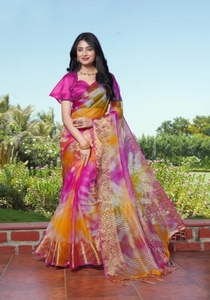 Sari de organza Bandhani bordado KV (rosa) - Product Image 6