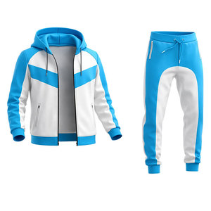Conjunto de chándal azul y blanco con contraste para hombre – Sudadera con capucha y cremallera y pantalones jogger, ropa deportiva ajustada para gimnasio, conjunto informal para fitness - Product Image 3