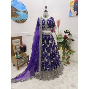 FANTAISIE GEORGETTE BRODERIE SEQUENCE TRAVAIL LEHENGA CHOLI AVEC DUPATTA VIOLET - Product Image 1