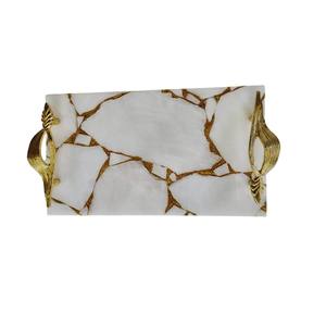 Plateau de service rectangulaire en marbre blanc naturel de qualité supérieure avec poignées en métal doré, plateau décoratif de luxe pour table basse - Product Image 6