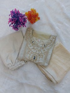 Elegante Salwar Kameez de Algodón sin Arrugas con Bordado para Mujer, Conjunto de Vestido Étnico Beige para Bodas y Fiestas, Ropa India y Pakistaní - Product Image 4
