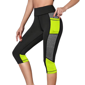 High Waist Color Blocked Yoga Leggings Knee Length Mesh Panel Spandex Polyester Four-Way Stretch Women's Fitness <b>Pants</b> - Product Image 5