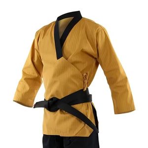 Uniforme de Taekwondo amarillo mostaza con ribete negro, Dobok de entrenamiento transpirable de tela acanalada para verano. - Product Image 3