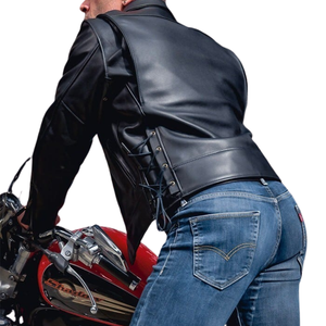 Men's Genuine Leather Moto Jacket <b>Turn</b>-Down Collar Zipper Closure Slim Fit Solid Color Biker Style Autumn Wear - Product Image 6